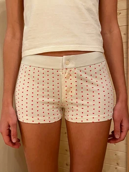 מתוקה הדפס טלאים נשים מכנסיים קצרים מזדמנים אלסטיות גבוהה המותניים כותנה קיץ חולצות וינטג ' חמודה כפתור במכנסיים קצרים. Y2k